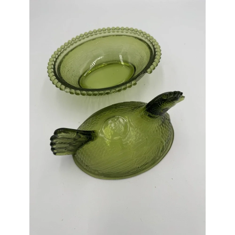 Vintage Indiana Olive Green Glass Hen on Nest Dish w/ Lid Oval Beaded Base